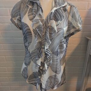 Ann Taylor Navy and White Ruffled Short Sleeve Blouse